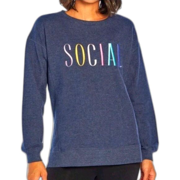 Wildfox 'Social' Sweatshirt Medium Navy Blue Embroidered Pullover - Picture 1 of 6